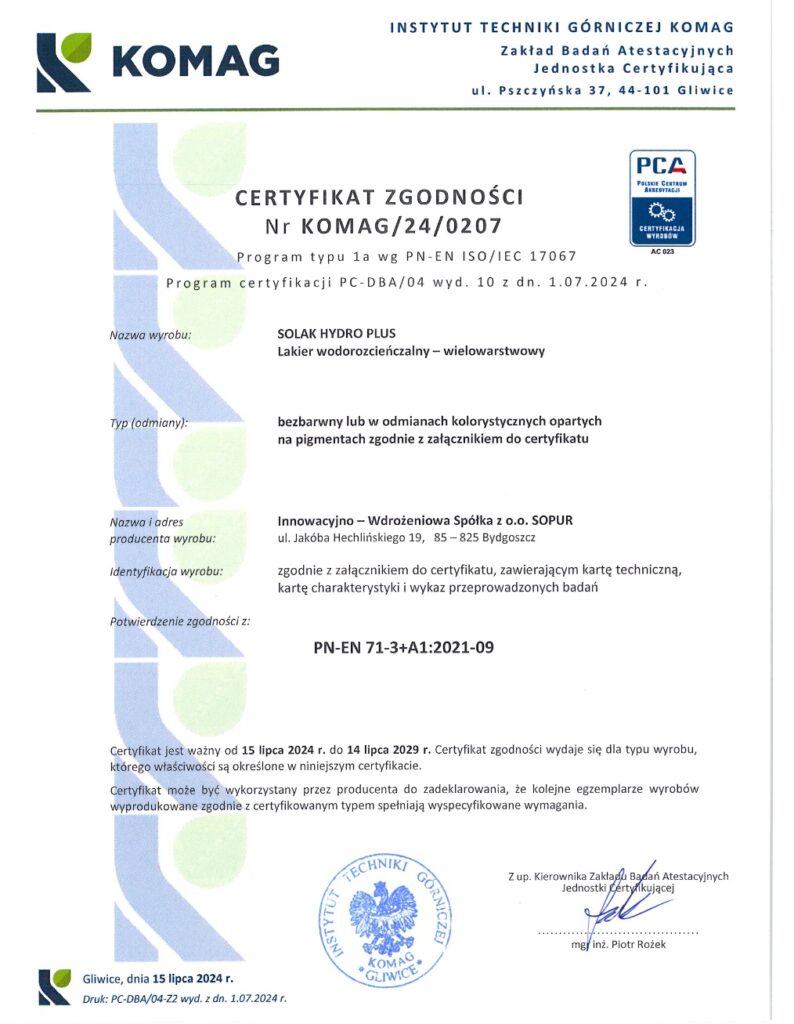 certyfikat lakier wodny