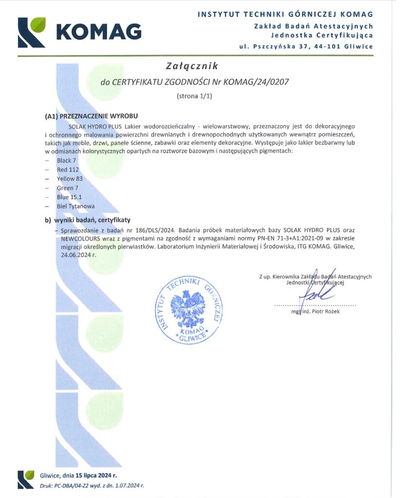 certyfikat lakier wodny zalacznik