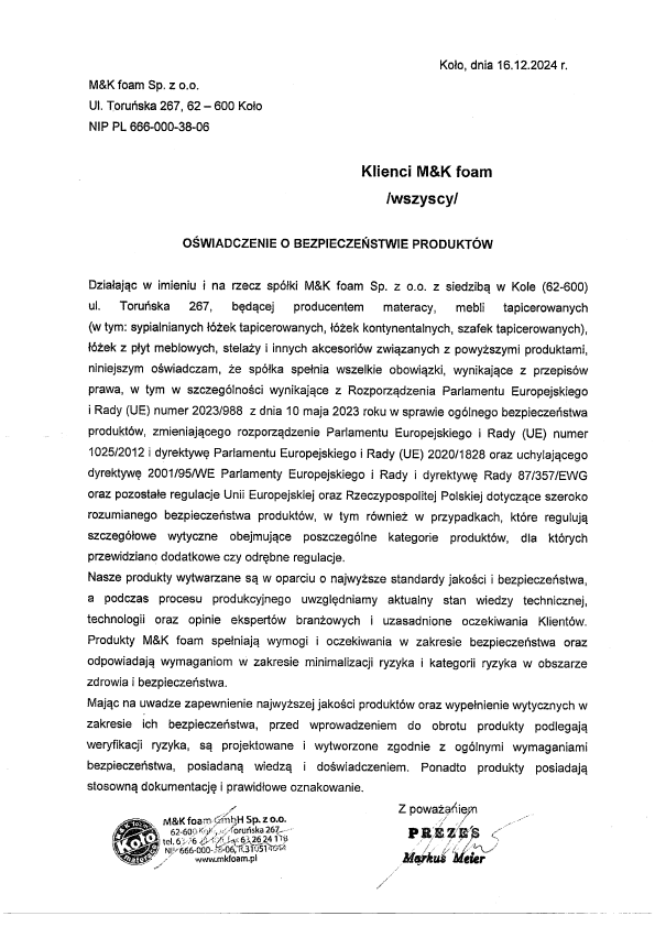 oświadczenie o bezpieczeństwie produktów MK Foam